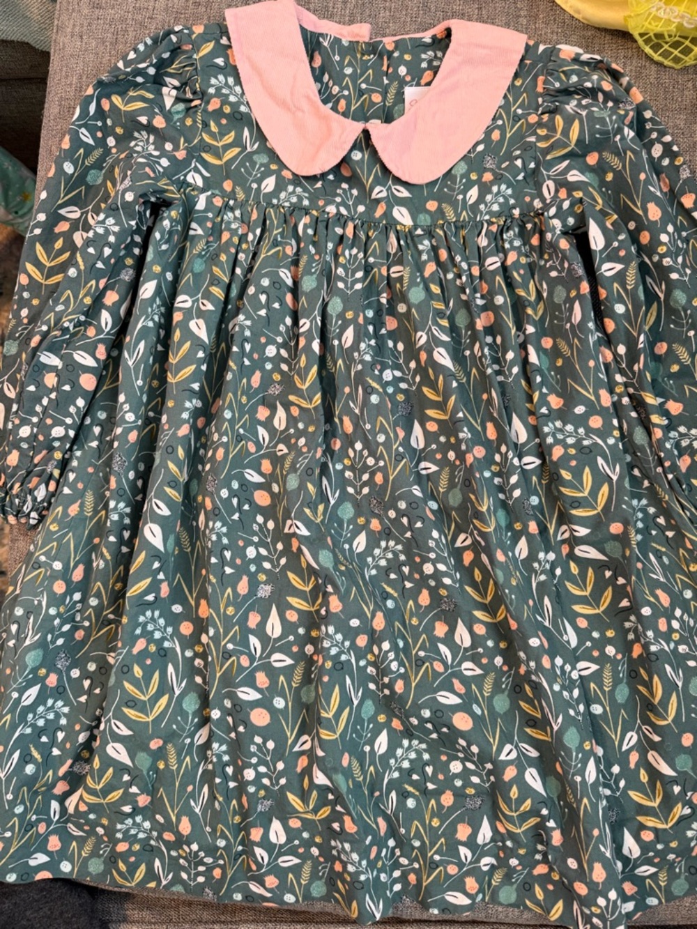 Stitchy Fish Girls' Green Floral Dress with Pink Peter Pan Collar Size 7 GUC